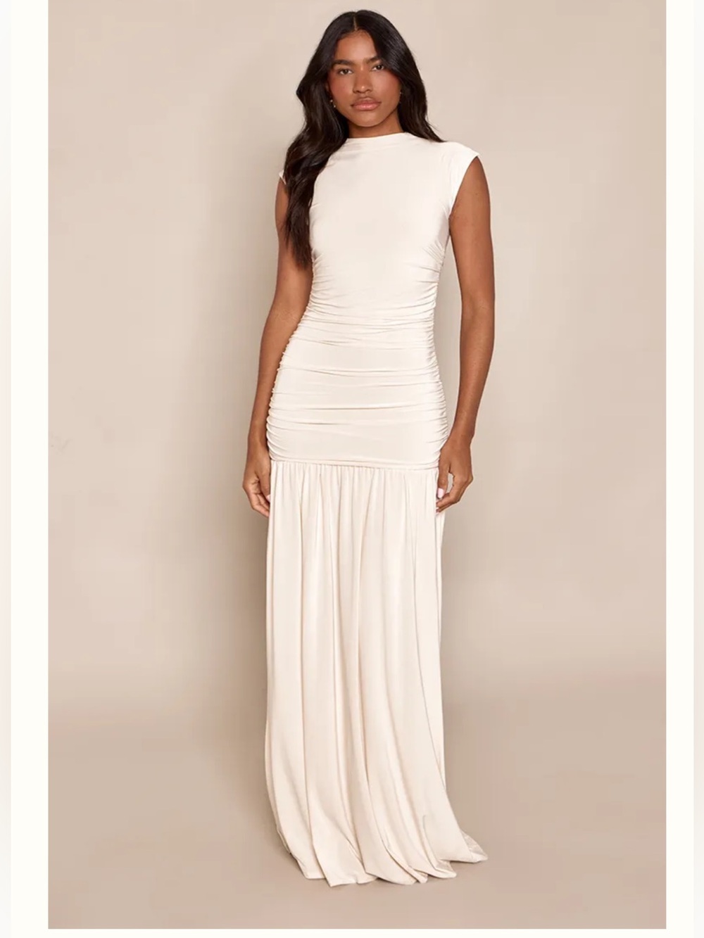 Double Layer Slinky Cap Sleeve Drop Waist Maxi Dress CREAM